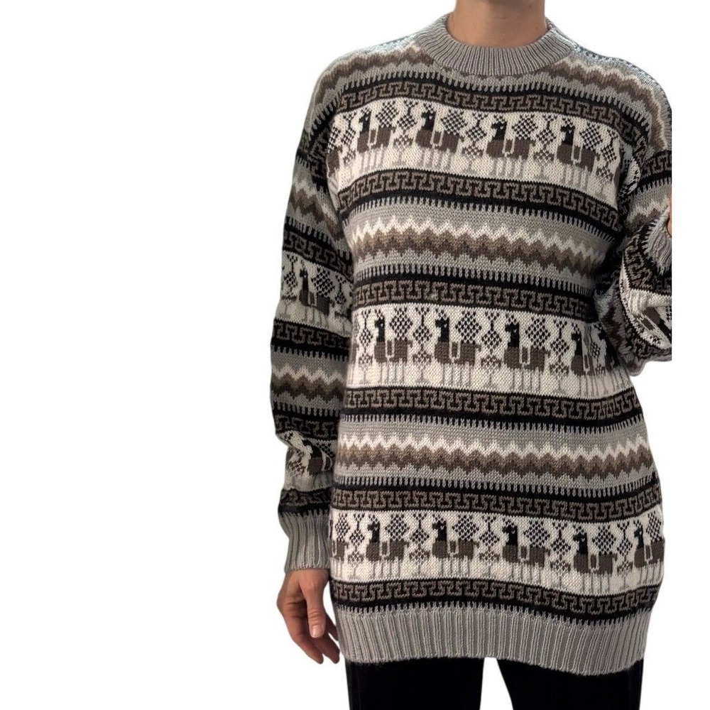 Alpaca Sweater Men S Women M Llama Fair Isle Knit Pullover Gray Brown White Peru